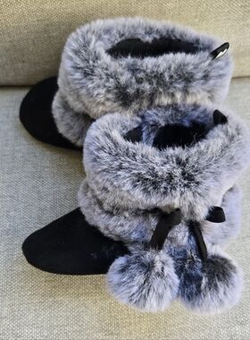 Stepping Stones Cozy Faux Fur Pom Pom Bootie Slippers - Gray and Black